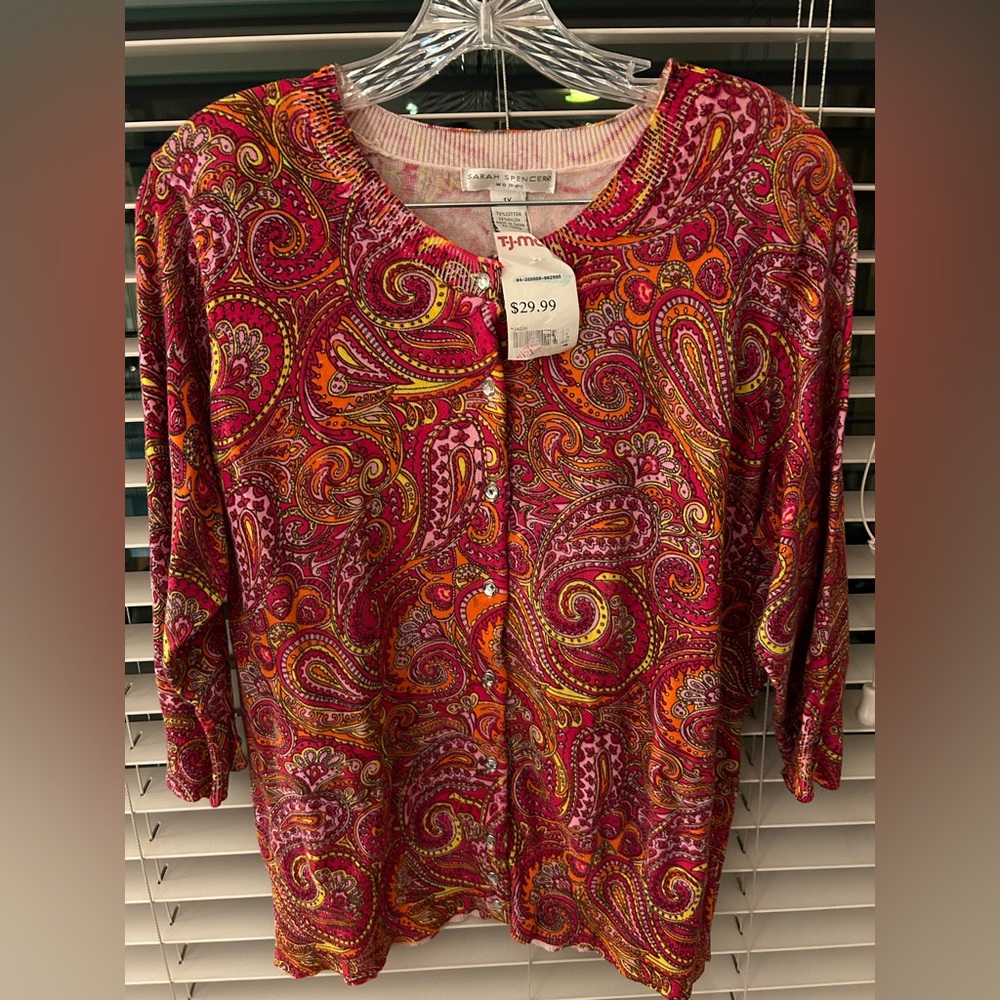 NEW TAGS ON Paisley Cardigan with Jeweled Buttons - Pink, Yellow, Orange